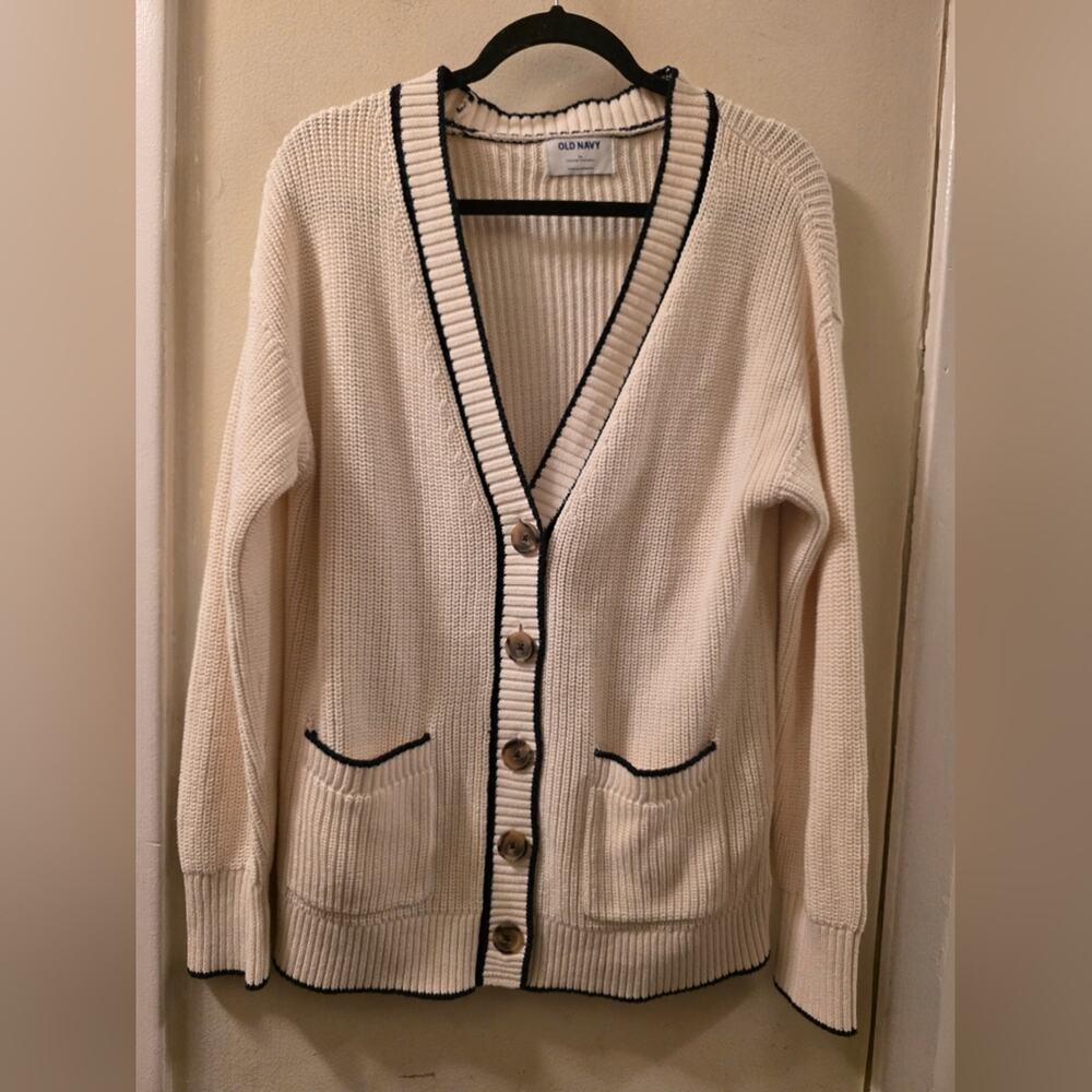 Vtg Y2K Preppy Old Navy Knit Cardigan Grandpa Sweater School Girl Cream Navy M